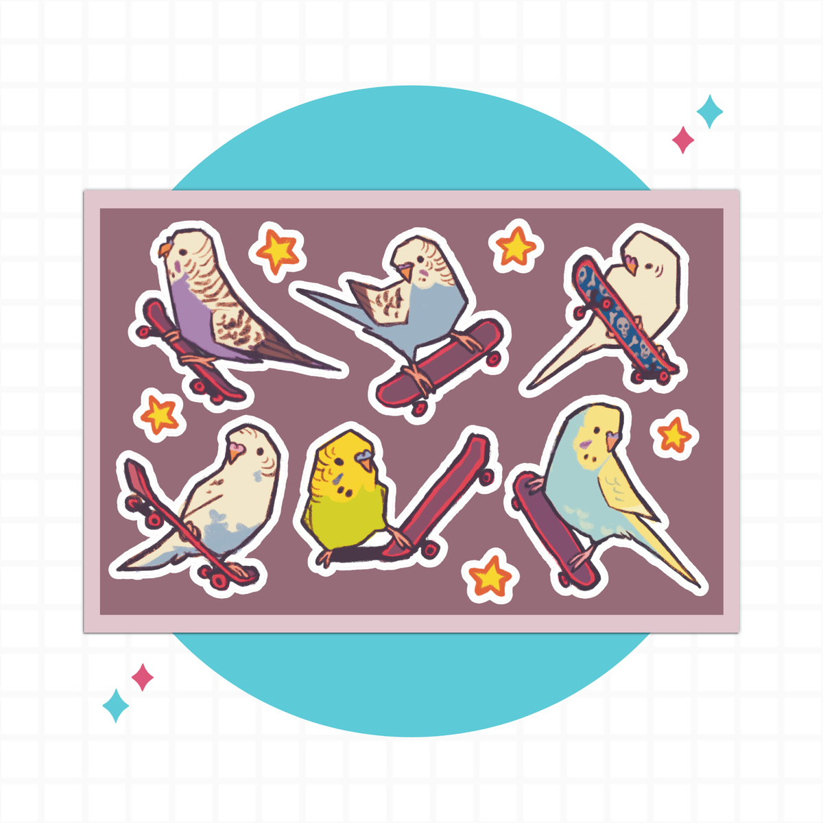 Skater Budgies Sticker Sheet